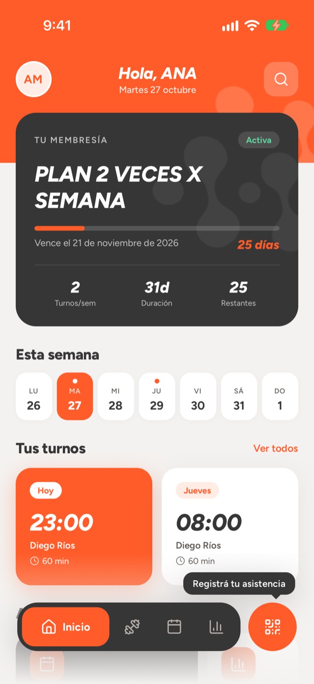Pantalla de inicio de la app de HD GYM