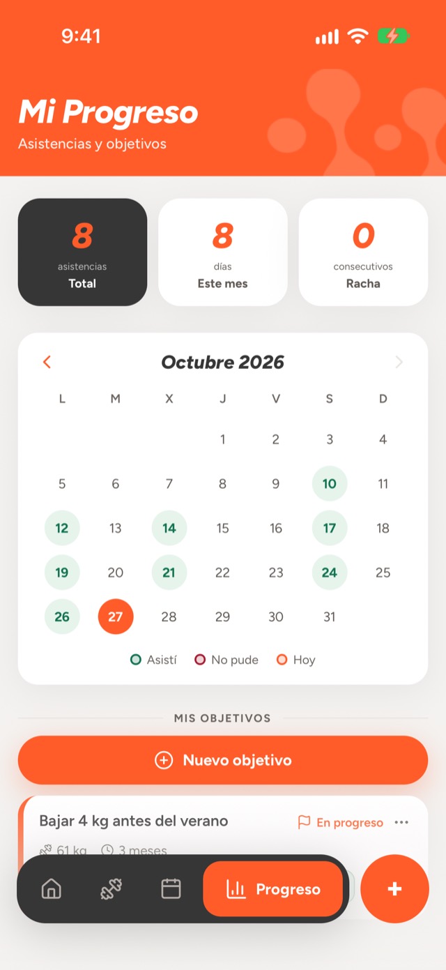 Pantalla de progreso de la app de HD GYM