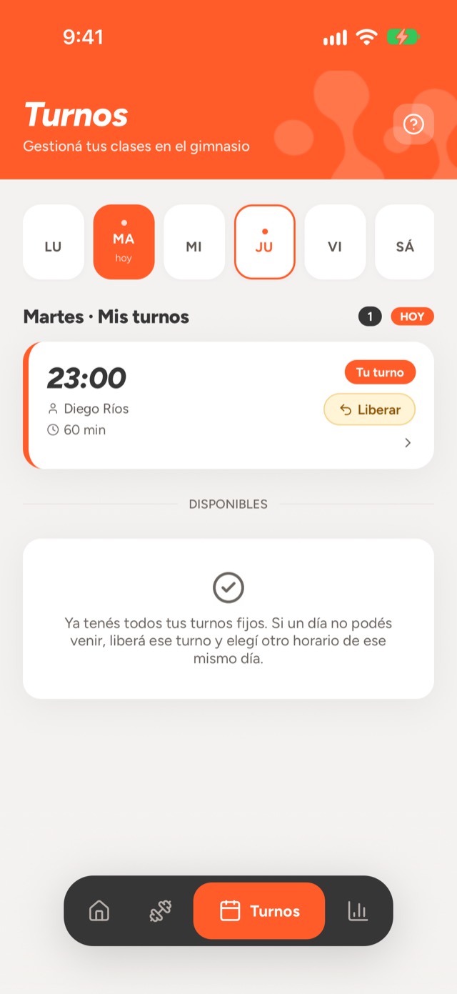 Pantalla de turnos de la app de HD GYM